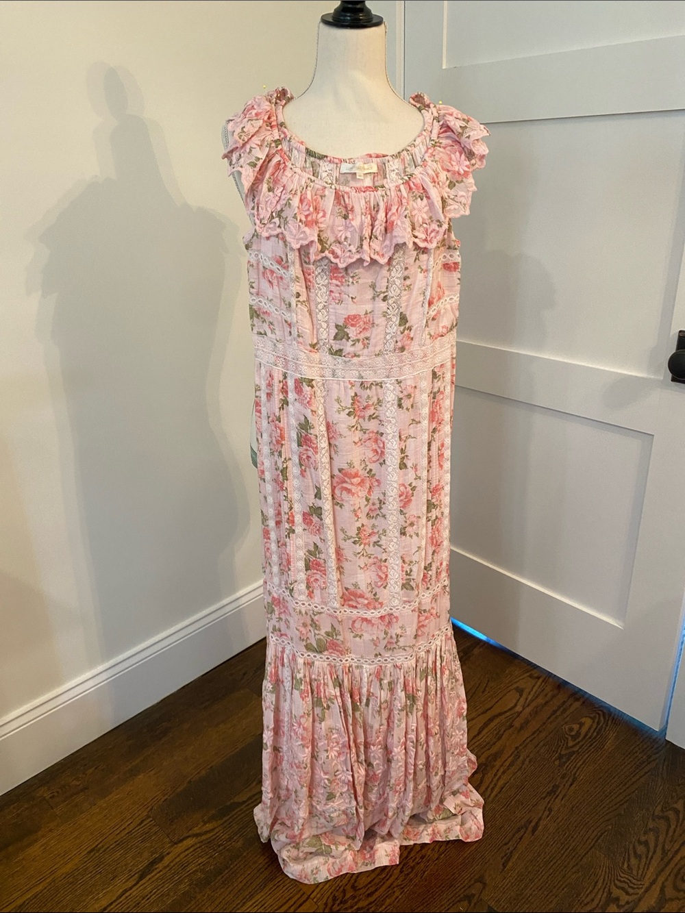 LoveShackFancy Pink Floral Ruffle Maxi Dress